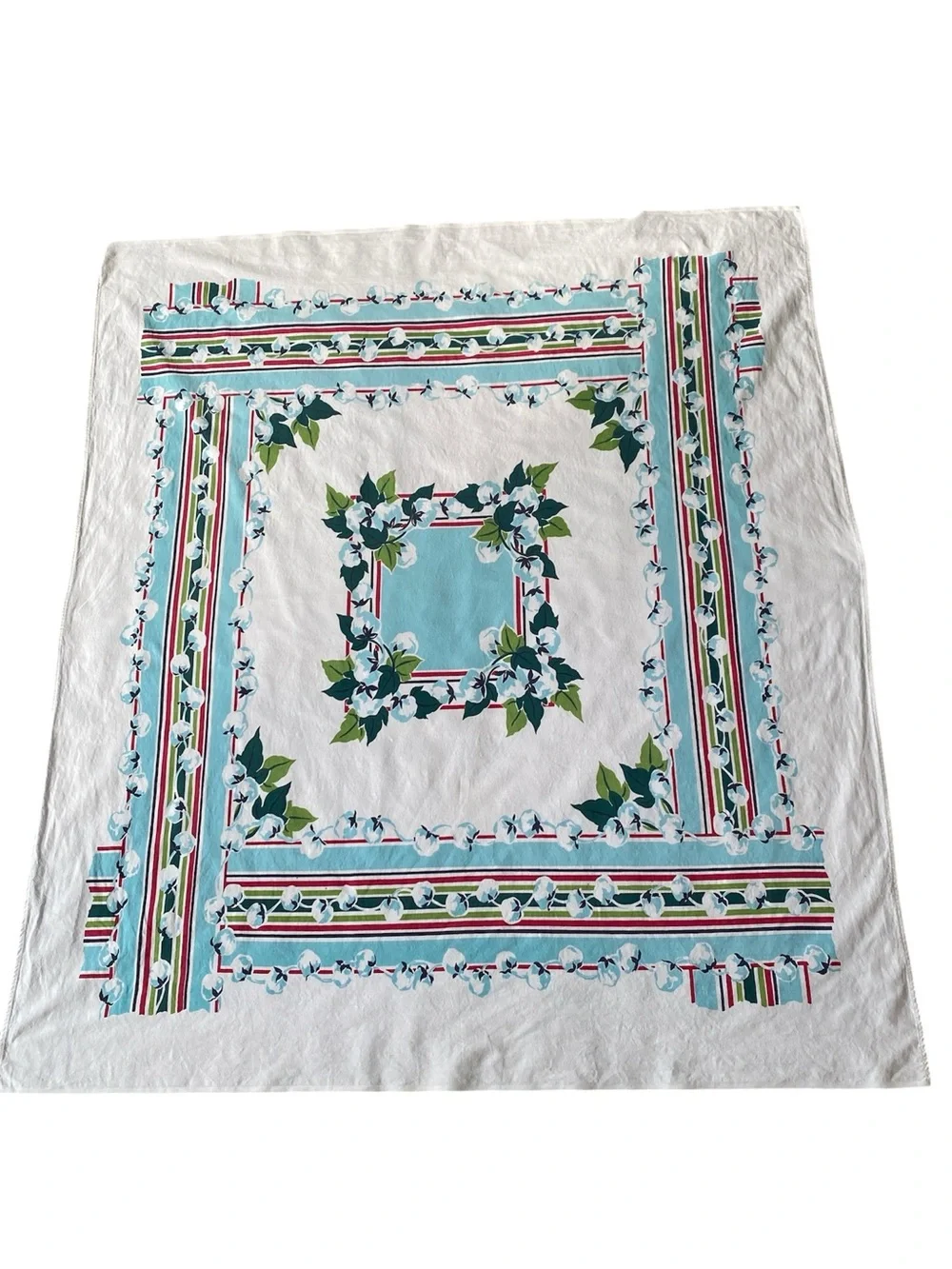 VINTAGE 1940s/50s Cotton Tablecloth - Blue Floral Border approx 47x52 - Picture 8 of 8